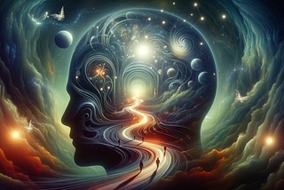 Artistic depiction of the interior of a human head, transformed into a mystical landscape with a winding path, floating orbs, light beams, and shadowy figures symbolizing the journey into self-awareness and the complexities of the psyche.
