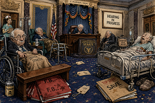 Inside the United States Senate chamber resembling the inside of a nursing home. Complete with wheelchairs, hospital beds, and walkers. Toe tags laying on the floor. A non-descript bottle labeled “POLONIUM” is under a wheelchair. RED File folders with smudged labels that say “F.B..” are underneath a desk. A TOP SECRET folder labeled “SAVE” lies underneath a hospital bed. A sign on the wall says “HEARING IN PROGRESS.”