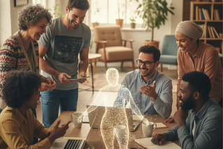 A group of people round a table with an ethereal figure in the middle of the table