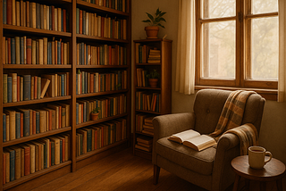 A cozy home library with shelves full of used books, a reading chair with an open book and blanket, and a warm, softly lit atmosphere.