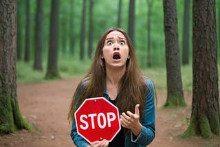 Frustrated woman in a forest and she is holding a stop sign