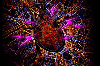 A city roadway heat map with an impression of a human heart in the centre. Electric bolts surround the heart.