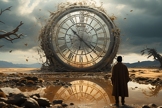 A giant clock on a desolate landscape surrounded by dead trees reflecting in a pond while the human looks upon it (by Author/MidJourney)