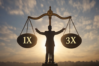 Photo of a confident businessman silhouette centered in the image, holding the stand of a large golden old scale. The scale shows big word “1X” on the lower end and big word “3X” on the higher end. Bright sky background. AI image created on Midjourney by henrique centieiro and bee lee