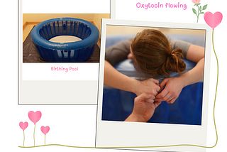 Birthing pool on the left, and close up picture inset of meg calm, oxytocin flowing holding Jason’s hand at the side of the pool