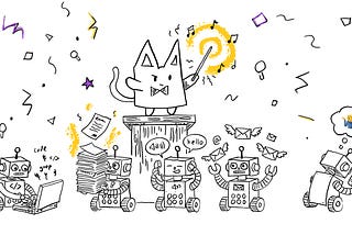 Cat conductor on a poduct conducting multiple robots doing different tasks from coding, searching for files, sending emails and annoyingly one watching TikTok.
