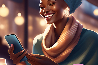 An attractive African-American woman with a scarf on her head smiling and holding a smartphone.