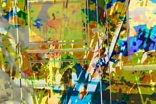 layered photo: geometric and painters palette-like abstraction seen through transparent door.