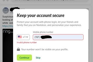 Application screenshot showing how +1 is considered an invalid country code for a 787 area code phone number; that’s wrong.