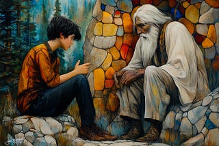 Painting of a young man seated on rocks on the left attentively listening to an old bearded wise man seated on rocks on the right.