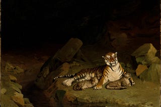 Dramatic painting of a tigress and her cubs awake at night.