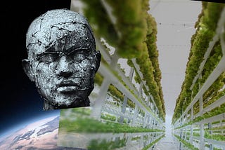 A combined picture with earth seen from space, a vertical garden, and a sculpture of a man’s head representing humanity