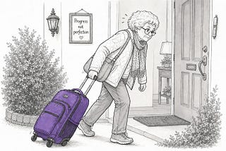 Older woman lugging purple rolling backpack towards a door