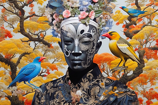 A colorful collage of a being surrounded by nature and birds