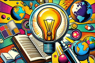 A magnifying glass over a light bulb with a book, clouds, Earth, and other planets in the background in a pop art style.