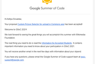 Aditya Srivastav Gsoc Acceptance Letter for Custom Picture Selector for Commons App