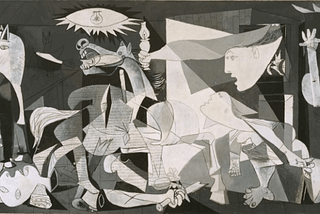Cubist art in black, white, and gray tones; we can see Picasso's pietà crying and holding her child's body at the left corner