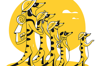 Illustration of a row of meerkats in a row facing forward. They’re wearing backpacks and hats.