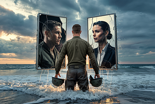 Former special forces veteran standing in ocean waves at sunrise, holding a cracked mirror reflecting a powerful businesswoman’s face. Symbolizes transformation, resilience, and leadership reborn through adversity. Cinematic editorial style, with stormy skies parting to reveal light. Represents RAMS by Baz and the Rise From The Ashes podcast episode with Seth Ryan.