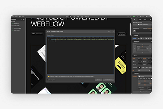 Screen from Webflow designer showing the window for the HTML embed code