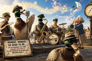 A whimsical duck band performs beneath a town clock while an elderly woman whistles glowing musical notes that carry the days of the week across the sky. One duck in sunglasses secretly pockets a shining final note as the crowd applauds.