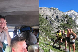Image on the left shows a man standing in the trunk of a van, the second image shows four girls hiking in the mountains.