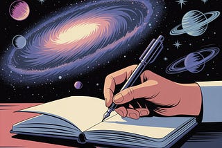 Illustration of a hand writing in an open notebook. Behind it, a large cosmic background with stars and galaxies that appear distant and indifferent. The scene contrasts the focused writer with a vast, unbothered universe.