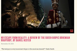 Screen capture from Barrelhouse magazine, with image of Rami Malek as Freddie Mercury, wearing a crown.