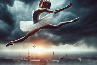 A ballet dancer in mid-leap against a stormy sky