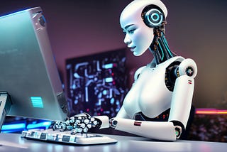 A robot typing at a computer