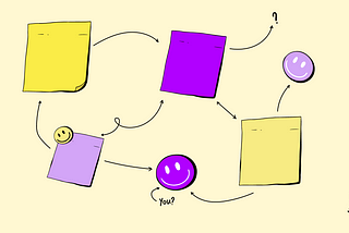 An illustration of different sticky notes and smileys connecting through different arrows — showing a system