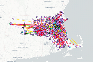 The Mapping Project’s interactive map showing the 483 entities included linked to each other over a map of the northeastern united states.