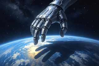 A giant robot hand (symbolizing chatGPT) looming over the earth
