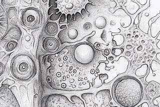 A black and white pencil sketch of cells and viruses and organic tissue. Image generated by MidJourney.