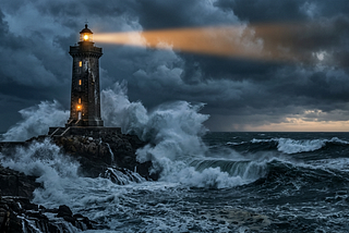 A lone lighthouse standing firm on rocky outcrop as powerful storm waves crash around it, its beam of light cutting through dark, turbulent clouds at dusk.
