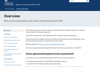 Screengrab of a side navigation bar that lets user choose what type of guidance they would like to read about service assessments or peer reviews. Guidance is split into 2 user groups, teams and assessors.