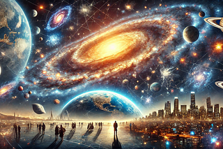 A breathtaking cosmic scene showing Earth, the solar system, the Milky Way, and the vast cosmic web, highlighting interconnectedness and duality.