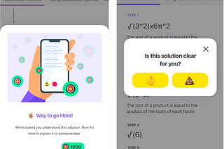 Screenshots from Math Hero app which show examples of UX copy