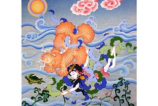 Illustration for Chapter 2: Lailya swims with her giant goldfish friend Bulumbu in the ocean and discovers beautiful plants and sea flowers.