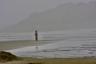 A woman stands on the shoreline. Waves wash up in front of her and wind around behind