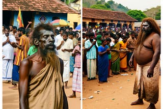 Two photos set in Northern Sri Lanka. Both showing crowds of devotees standing next to a mystic. In one the mystic is gaunt and dark-skinned, in the other the mystic is tall, fat, and dark-skinned.
