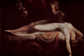 the painting depicts a woman in a state of distress, overpowered by a dark, shadowy figure, symbolizing the struggle between vulnerability and malevolent forces