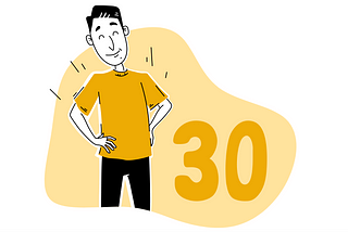 Illustration of author standing proudly with large numbers next to him spelling out “30”