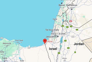 Middle East map showing Israel, Gaza, Jerusalem, Lebanon, and Egypt. From Google Maps. Rafa is highlighted.