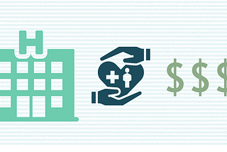 teal colored hospital graphic next to a dark blue image of hands below and above a heart with a medical cross and person inside of it and three green dollar signs pictured below and lines of light blue zeros and ones in the background shown to depict turning hospital data into dollars