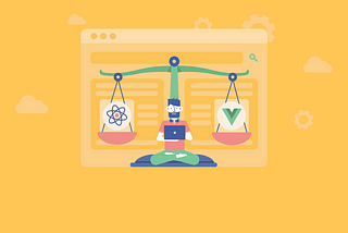 A Vue vs React illustration of a man weighing both frameworks.