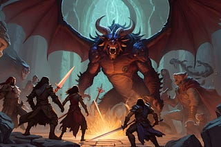Adventurers surround dragon in a cave, dramatic fantasy art
