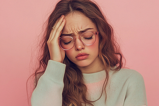 article key visual with a young woman with glasses, looking nerdy, showing a strong emotional pain, demonstrating a recent pain, feeling painful. Key colors “e11a72. Studio shot, hyper-realistic, photo realistic, canon D118 shot,, flat pale pink background,