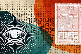 Abstract image of an all-seeing eye and a Rosetta Stone of components.