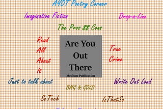A grid reference indicating all the publications associated with the main AYOT Family publication, all shown in different color text: Are You Out There, BMG & GOLD, Imaginative Fiction (Out There), Drop-a-Line, Read All About It, True Crime, AYOT Poetry Corner, The Pros and Cons, ScTech, IzThatSo, Just to talk about, Write Out Loud and Eclectic Everythings.